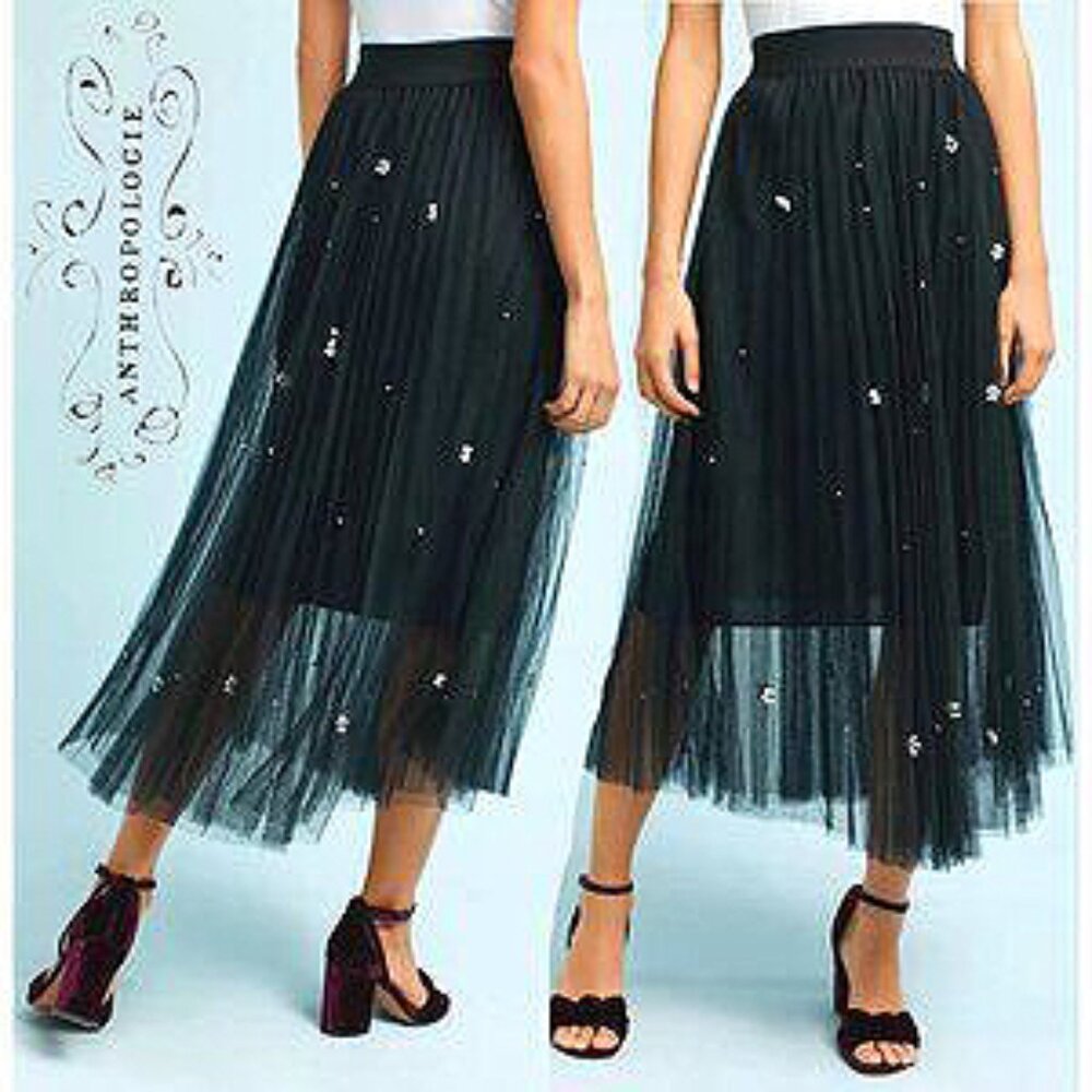 💥 BREATHTAKING💥Anthropologie Eva Franco Pearl Embellished Tulle Skirt in Black